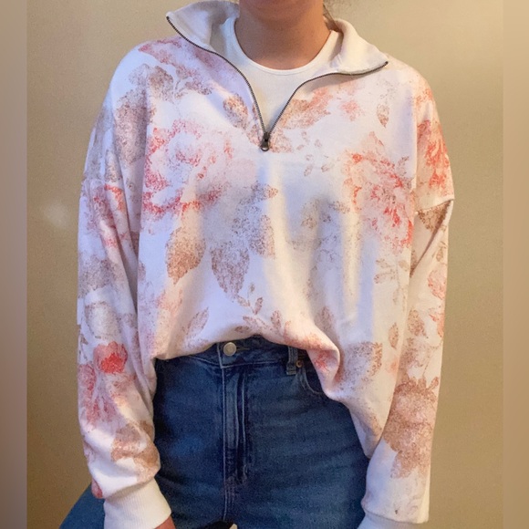 Oversized Light-Weight Floral Quarter-Zip Sweatshirt by Aerie - Picture 1 of 7